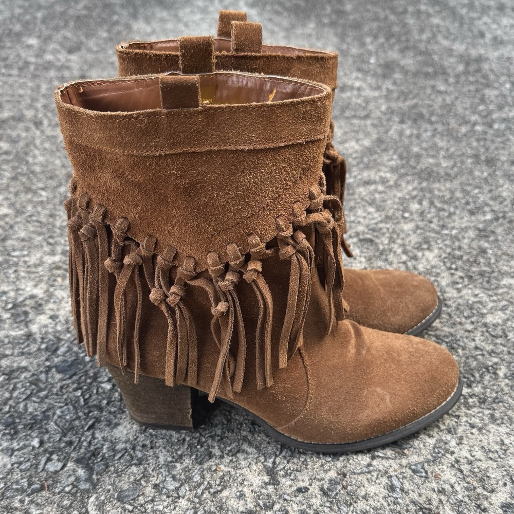 Sbicca Fringe Ankle Boots Women's 9 Chestnut Suede Western Boho Block Heel